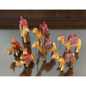 Vintage Hand Carved Wooden Camel Train Figurine Set with Donkey‎ Riders